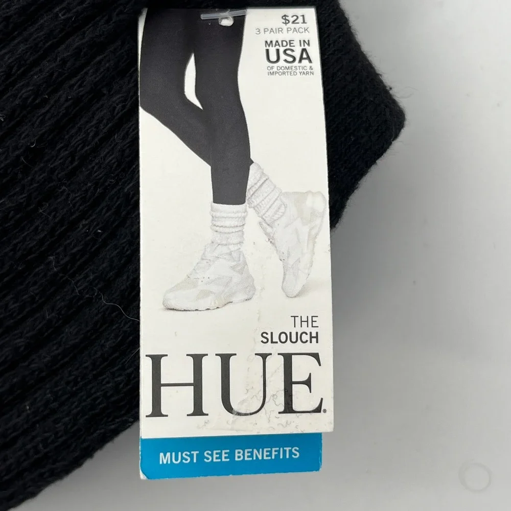 HUE Slouch Sock Women One Size Black 3 Pair Pack U22684 Ribbed Cotton Blend NEW